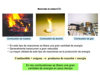 Reacciones de combustión En este tipo de reacciones se libera una gran cantidad de energía Generalmente transcurren a gran velocidad La mayor utilidad de este tipo de reacciones es la producción de energía Combustible + oxígeno     productos de reacción + energía En las combustiones se libera una gran cantidad de energía en poco tiempo Combustión de madera Combustión de alcohol Combustión de gas 