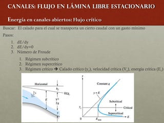 Canales: Flujo en lámina libre estacionario
Energía en canales abiertos: Flujo crítico
Buscar: El calado para el cual se transporta un cierto caudal con un gasto mínimo
Pasos:
1. dE/dy
2. dE/dy=0
3. Número de Froude
1. Régimen subcrítico
2. Régimen supercrítico
3. Régimen crítico è Calado crítico (yc), velocidad crítica (Vc), energía crítica (Ec)
 