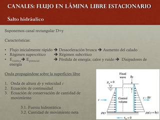 Canales: Flujo en lámina libre estacionario
Salto hidráulico
Suponemos canal rectangular D=y
Características:
• Flujo inicialmente rápido è Desaceleración brusca è Aumento del calado
• Régimen supercrítico è Régimen subcrítico
• Ecinéticaè Epotencial è Pérdida de energía; calor y ruido è Disipadores de
energía
Onda propagándose sobre la superficies libre
1. Onda de altura dy y velocidad c
2. Ecuación de continuidad
3. Ecuación de conservación de cantidad de
movimiento
3.1. Fuerza hidrostática
3.2. Cantidad de movimiento neta
 