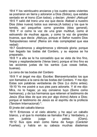 19:4 Y los veinticuatro ancianos y los cuatro seres vivientes
se postraron en tierra y adoraron a Dios (Solos), que estaba
sentado en el trono (Con todos), y decían: ¡Amén! ¡Aleluya!
19:5 Y salió del trono una voz que decía: Alabad a nuestro
Dios (Idea nueva) todos sus siervos,(A todos) y los que le
teméis, así pequeños como grandes (Idea general).
19:6 Y oí como la voz de una gran multitud, como el
estruendo de muchas aguas, y como la voz de grandes
truenos, que decía: ¡Aleluya, porque el Señor nuestro Dios
Todopoderoso reina! (Reina sin más complejidad que esa
vedad)
19:7 Gocémonos y alegrémonos y démosle gloria; porque
han llegado las bodas del Cordero, y su esposa se ha
preparado.
19:8 Y a ella se le ha concedido que se vista de lino fino,
limpio y resplandeciente (Verse bien); porque el lino fino es
las acciones justas de los santos (Las cosas bellas,
buenas).
La cena de las bodas del Cordero
19:9 Y el ángel me dijo: Escribe: Bienaventurados los que
son llamados a la cena de las bodas del Cordero. Y me dijo:
Estas son palabras verdaderas de Dios (Lo dicho antes).
19:10 Yo me postré a sus pies para adorarle. Y él me dijo:
Mira, no lo hagas; yo soy consiervo tuyo (Somo como
hermanos), y de tus hermanos que retienen el testimonio de
Jesús (Esa idea de que era por algo divino) Adora a Dios;
porque el testimonio de Jesús es el espíritu de la profecía
(Tandem Internacional) *.
El jinete del caballo blanco
19:11 Entonces vi el cielo abierto; y he aquí un caballo
blanco, y el que lo montaba se llamaba Fiel y Verdadero, y
con        justicia     juzga     y      pelea.      (Claro).
19:12 Sus ojos eran como llama de fuego (Carácter
Fuertes), y había en su cabeza muchas diademas
 