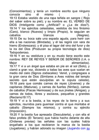 (Conocimientos); y tenía un nombre escrito que ninguno
conocía      sino    él    mismo      (                       ).
19:13 Estaba vestido de una ropa teñida en sangre ( Rojo
del saber sobre su piel); y su nombre es: EL VERBO DE
DIOS (Inteligente como ¿Artificial? o ¿La de dios?).
19:14 Y los ejércitos celestiales, vestidos de lino finísimo
(Caro), blanco (Nuevos) y limpio (Propio), le seguían en
caballos                  blancos                    (Alegres).
19:15 De su boca sale una espada aguda, para herir con
ella a las naciones (Blindada), y él las regirá con vara de
hierro (Enderezara); y él pisa el lagar del vino del furor y de
la ira del Dios (Producen su propia tecnología de dios)
Todopoderoso.
19:16 Y en su vestidura y en su muslo tiene escrito este
nombre: REY DE REYES Y SEÑOR DE SEÑORES (I.A. o
Mejor                                            alimentados).
19:17 Y vi a un ángel que estaba en pie en el sol (Solo), y
clamó a gran voz, diciendo a todas las aves que vuelan en
medio del cielo (Signos zodiacales): Venid, y congregaos a
la gran cena de Dios (Similares a Aves nobles del templo
secreto que están esculpidas en la cúpula celeste),
19:18 para que comáis carnes de reyes (Jóvenes) y de
capitanes (Maduras), y carnes de fuertes (Ninfas)), carnes
de caballos (Flacas Hermosas) y de sus jinetes (Amigas), y
carnes de todos, libres y esclavos, pequeños y grandes
(Reclamo19:17)
19:19 Y vi a la bestia, a los reyes de la tierra y a sus
ejércitos, reunidos para guerrear contra el que montaba el
caballo (Siempre los mismos), y contra su ejército
(Imposición).
19:20 Y la bestia fue apresada (Descubierta), y con ella el
falso profeta (El Tercero) que había hecho delante de ella
(Ordenes previas) las señales con las cuales había
engañado a los que recibieron la marca de la bestia
(Jugadores), y habían adorado su imagen (Jugando con su
 