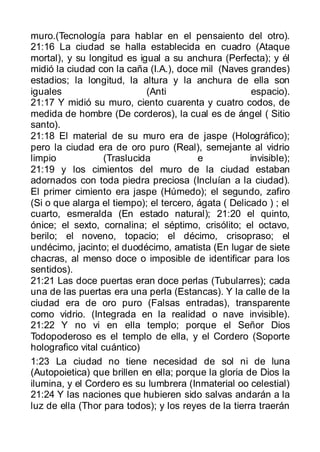 muro.(Tecnología para hablar en el pensaiento del otro).
21:16 La ciudad se halla establecida en cuadro (Ataque
mortal), y su longitud es igual a su anchura (Perfecta); y él
midió la ciudad con la caña (I.A.), doce mil (Naves grandes)
estadios; la longitud, la altura y la anchura de ella son
iguales                      (Anti                     espacio).
21:17 Y midió su muro, ciento cuarenta y cuatro codos, de
medida de hombre (De corderos), la cual es de ángel ( Sitio
santo).
21:18 El material de su muro era de jaspe (Holográfico);
pero la ciudad era de oro puro (Real), semejante al vidrio
limpio             (Traslucida           e            invisible);
21:19 y los cimientos del muro de la ciudad estaban
adornados con toda piedra preciosa (Incluían a la ciudad).
El primer cimiento era jaspe (Húmedo); el segundo, zafiro
(Si o que alarga el tiempo); el tercero, ágata ( Delicado ) ; el
cuarto, esmeralda (En estado natural); 21:20 el quinto,
ónice; el sexto, cornalina; el séptimo, crisólito; el octavo,
berilo; el noveno, topacio; el décimo, crisopraso; el
undécimo, jacinto; el duodécimo, amatista (En lugar de siete
chacras, al menso doce o imposible de identificar para los
sentidos).
21:21 Las doce puertas eran doce perlas (Tubularres); cada
una de las puertas era una perla (Estancas). Y la calle de la
ciudad era de oro puro (Falsas entradas), transparente
como vidrio. (Integrada en la realidad o nave invisible).
21:22 Y no vi en ella templo; porque el Señor Dios
Todopoderoso es el templo de ella, y el Cordero (Soporte
holografico vital cuántico)
1:23 La ciudad no tiene necesidad de sol ni de luna
(Autopoietica) que brillen en ella; porque la gloria de Dios la
ilumina, y el Cordero es su lumbrera (Inmaterial oo celestial)
21:24 Y las naciones que hubieren sido salvas andarán a la
luz de ella (Thor para todos); y los reyes de la tierra traerán
 
