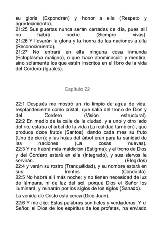 su gloria (Expondrán) y honor a ella (Respeto y
agradecimiento).
21:25 Sus puertas nunca serán cerradas de día, pues allí
no        habrá        noche         (Siempre         vivas).
21:26 Y llevarán la gloria y la honra de las naciones a ella
(Reconocimiento).
21:27 No entrará en ella ninguna cosa inmunda
(Ectoplasma maligno), o que hace abominación y mentira,
sino solamente los que están inscritos en el libro de la vida
del Cordero (Iguales).



                        Capítulo 22


22:1 Después me mostró un río limpio de agua de vida,
resplandeciente como cristal, que salía del trono de Dios y
del           Cordero             (Visión           estructural).
22:2 En medio de la calle de la ciudad, y a uno y otro lado
del río, estaba el árbol de la vida (La realidad también) , que
produce doce frutos (Santos), dando cada mes su fruto
(Uno de cien); y las hojas del árbol eran para la sanidad de
las         naciones         (La         cosas         nuevas).
22:3 Y no habrá más maldición (Estigma); y el trono de Dios
y del Cordero estará en ella (Integrado), y sus siervos le
servirán.                                             (Elegidos)
22:4 y verán su rostro (Tranquilidad), y su nombre estará en
sus                     frentes                     (Conducta).
22:5 No habrá allí más noche; y no tienen necesidad de luz
de lámpara, ni de luz del sol, porque Dios el Señor los
iluminará; y reinarán por los siglos de los siglos (Sanado).
La venida de Cristo está cerca (Dice Juan).
22:6 Y me dijo: Estas palabras son fieles y verdaderas. Y el
Señor, el Dios de los espíritus de los profetas, ha enviado
 