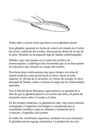 Nadie sabe a ciencia cierta qué hacer con la glándula pineal.
Esta glándula (guisante en forma de cono) está situada en el techo
del tercer ventrículo del cerebro, directamente detrás de la raíz de
la nariz, flotando en un pequeño lago de líquido cefalorraquídeo.
Debido a que está situado en el centro del cerebro, los
neurocirujanos y radiólogos han encontrado que es un buen punto
de referencia muy útil para la cirugía del cerebro.
Pero hasta hace relativamente muy poco tiempo, era tema de
mucha tradición como portal hacia el alma o hacia el reino
superior, la válvula de la memoria, un vórtice de energía, la clave
principal de fluidos vitales e incluso el origen de las enfermedades
mentales.
Fue el filósofo René Descartes, quien primero se apropió de la
idea de que la glándula pineal es el asiento del alma, un punto de
encuentro único entre el cuerpo y el alma.
En los tiempos modernos, la glándula ha sido vista como sobrante,
consignada a la papelera neurológica y considerada por la
comunidad científica como un sobrante o remanente de la
evolución, el apéndice del cerebro.
En todos los vertebrados superiores, incluidos los seres humanos,
la glándula pineal segrega melatonina. La producción de esta
 