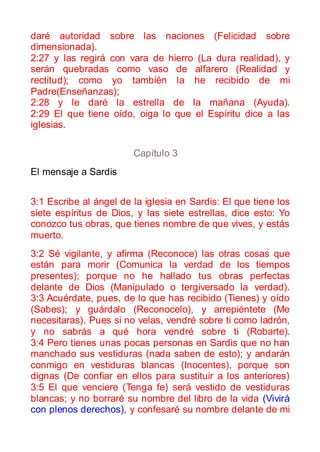 daré autoridad sobre las naciones (Felicidad sobre
dimensionada).
2:27 y las regirá con vara de hierro (La dura realidad), y
serán quebradas como vaso de alfarero (Realidad y
rectitud); como yo también la he recibido de mi
Padre(Enseñanzas);
2:28 y le daré la estrella de la mañana (Ayuda).
2:29 El que tiene oído, oiga lo que el Espíritu dice a las
iglesias.

                        Capítulo 3
El mensaje a Sardis


3:1 Escribe al ángel de la iglesia en Sardis: El que tiene los
siete espíritus de Dios, y las siete estrellas, dice esto: Yo
conozco tus obras, que tienes nombre de que vives, y estás
muerto.
3:2 Sé vigilante, y afirma (Reconoce) las otras cosas que
están para morir (Comunica la verdad de los tiempos
presentes); porque no he hallado tus obras perfectas
delante de Dios (Manipulado o tergiversado la verdad).
3:3 Acuérdate, pues, de lo que has recibido (Tienes) y oído
(Sabes); y guárdalo (Reconocelo), y arrepiéntete (Me
necesitaras). Pues si no velas, vendré sobre ti como ladrón,
y no sabrás a qué hora vendré sobre ti (Robarte).
3:4 Pero tienes unas pocas personas en Sardis que no han
manchado sus vestiduras (nada saben de esto); y andarán
conmigo en vestiduras blancas (Inocentes), porque son
dignas (De confiar en ellos para sustituir a los anteriores)
3:5 El que venciere (Tenga fe) será vestido de vestiduras
blancas; y no borraré su nombre del libro de la vida (Vivirá
con plenos derechos), y confesaré su nombre delante de mi
 