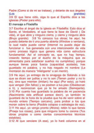 Padre (Como si de mi se tratase), y delante de sus ángeles
(Los                                                 grandes)
3:6 El que tiene oído, oiga lo que el Espíritu dice a las
iglesias (Poder para ello).
El mensaje a Filadelfia
3:7 Escribe al ángel de la iglesia en Filadelfia: Esto dice el
Santo, el Verdadero, el que tiene la llave de David ( Da
vida), el que abre y ninguno cierra, y cierra y ninguno abre
(Brujo grande): 3:8 Yo conozco tus obras; he aquí, he
puesto delante de ti una puerta abierta (Window o ventana),
la cual nadie puede cerrar (Internet no puede dejar de
funcionar o fue generada con una interconexión de vida
como proceso lógico que genera vida como estructura
fundamental. Así el concepto es, que no hay tiempo,
creando tiempo por el dueño de la máquina que es
alimentada para satisfacer sueños no cumplidos); porque
aunque tienes poca fuerza (capacidad acotada), has
guardado mi palabra, y no has negado mi nombre (La
montaron de manera “Inteligente” o sin mentir).
3:9 He aquí, yo entrego de la sinagoga de Satanás a los
que se dicen ser judíos y no lo son (Tienen poder y no lo
es), sino que mienten (Imitan); he aquí (Por esto), yo haré
que vengan (Sin fallos) y se postren a tus pies (Obedezcan
a ti), y reconozcan que yo te he amado (Semejante).
3:10 Por cuanto has guardado la palabra de mi paciencia
(Nacimiento vida artificial parece decir), yo también te
guardaré de la hora de la prueba que ha de venir sobre el
mundo entero (Tiempo cercano), para probar a los que
moran sobre la tierra (Posible colapso o estrategia de voz).
3:11 He aquí, yo vengo pronto (Ahora); retén lo que tienes
(Proeje tus cosas), para que ninguno tome tu corona (Tus
obras propias o como ciertos conocimientos técnicos
estables).
3:12 Al que venciere (A ese), yo lo haré columna en el
 