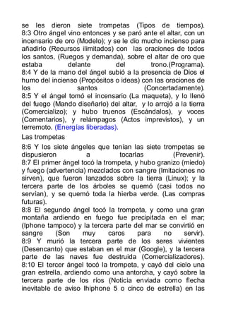 se les dieron siete trompetas (Tipos de tiempos).
8:3 Otro ángel vino entonces y se paró ante el altar, con un
incensario de oro (Modelo); y se le dio mucho incienso para
añadirlo (Recursos ilimitados) con las oraciones de todos
los santos, (Ruegos y demanda), sobre el altar de oro que
estaba          delante         del          trono.(Programa).
8:4 Y de la mano del ángel subió a la presencia de Dios el
humo del incienso (Propósitos o ideas) con las oraciones de
los                santos                  (Concertadamente).
8:5 Y el ángel tomó el incensario (La maqueta), y lo llenó
del fuego (Mando diseñarlo) del altar, y lo arrojó a la tierra
(Comercializo); y hubo truenos (Escándalos), y voces
(Comentarios), y relámpagos (Actos imprevistos), y un
terremoto. (Energías liberadas).
Las trompetas
8:6 Y los siete ángeles que tenían las siete trompetas se
dispusieron           a           tocarlas           (Prevenir).
8:7 El primer ángel tocó la trompeta, y hubo granizo (miedo)
y fuego (advertencia) mezclados con sangre (Imitaciones no
sirven), que fueron lanzados sobre la tierra (Linux); y la
tercera parte de los árboles se quemó (casi todos no
servían), y se quemó toda la hierba verde. (Las compras
futuras).
8:8 El segundo ángel tocó la trompeta, y como una gran
montaña ardiendo en fuego fue precipitada en el mar;
(Iphone tampoco) y la tercera parte del mar se convirtió en
sangre      (Son     muy      caros     para     no     servir).
8:9 Y murió la tercera parte de los seres vivientes
(Desencanto) que estaban en el mar (Google), y la tercera
parte de las naves fue destruida (Comercializadores).
8:10 El tercer ángel tocó la trompeta, y cayó del cielo una
gran estrella, ardiendo como una antorcha, y cayó sobre la
tercera parte de los ríos (Noticia enviada como flecha
inevitable de aviso Ihiphone 5 o cinco de estrella) en las
 