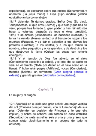 experiencia), se postraron sobre sus rostros (Seriamente), y
adoraron (La justa mano) a Dios (Tipo modelo gestión
equitativo arriba como abajo).
11:17 diciendo: Te damos gracias, Señor Dios (Su dios).
Todopoderoso, el que eres (Eterno) y que eras y que has de
venir, porque has tomado tu gran poder, y has reinado (Se
hace tu voluntad después de todo o vives también).
11:18 Y se airaron (Difundieron), las naciones (Noticias), y
tu ira ha venido, (Nueva verdad) y el tiempo de juzgar a los
muertos (Pasado), y de dar el galardón a tus siervos los
profetas (Profetas), a los santos, y a los que temen tu
nombre, a los pequeños y a los grandes, y de destruir a los
que destruyen la tierra (Cuidar las cosas con criterio
ecológico).
11:19 Y el templo de Dios fue abierto en el cielo
(Conocimiento accesible a todos), y el arca de su pacto se
veía en el templo (Nada por deber en el cielo como en la
tierra). Y hubo relámpagos (Artificios), voces (Conciertos),
truenos (Salvas), un terremoto (Gran alegría general o
éxtasis) y grande granizo (Verdades como piedras).



                       Capítulo 12
La mujer y el dragón


12:1 Apareció en el cielo una gran señal: una mujer vestida
del sol (Princesa o mujer nueva), con la luna debajo de sus
pies (Defender su posición de Princesa y lo que ello
implica), y sobre su cabeza una corona de doce estrellas
(Seguridad de siete estrellas seis y una y una y seis que
suman siete alquimicamente o el secreto de todo lo
anterior).
 