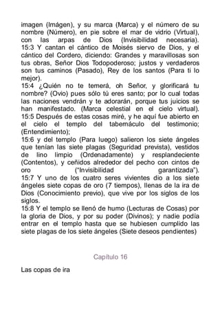 imagen (Imágen), y su marca (Marca) y el número de su
nombre (Número), en pie sobre el mar de vidrio (Virtual),
con las arpas de Dios (Invisibilidad necesaria).
15:3 Y cantan el cántico de Moisés siervo de Dios, y el
cántico del Cordero, diciendo: Grandes y maravillosas son
tus obras, Señor Dios Todopoderoso; justos y verdaderos
son tus caminos (Pasado), Rey de los santos (Para ti lo
mejor).
15:4 ¿Quién no te temerá, oh Señor, y glorificará tu
nombre? (Ovio) pues sólo tú eres santo; por lo cual todas
las naciones vendrán y te adorarán, porque tus juicios se
han manifestado. (Marca celestial en el cielo virtual).
15:5 Después de estas cosas miré, y he aquí fue abierto en
el cielo el templo del tabernáculo del testimonio;
(Entendimiento);
15:6 y del templo (Para luego) salieron los siete ángeles
que tenían las siete plagas (Seguridad prevista), vestidos
de lino limpio (Ordenadamente) y resplandeciente
(Contentos), y ceñidos alrededor del pecho con cintos de
oro                (“Invisibilidad             garantizada”).
15:7 Y uno de los cuatro seres vivientes dio a los siete
ángeles siete copas de oro (7 tiempos), llenas de la ira de
Dios (Conocimiento previo), que vive por los siglos de los
siglos.
15:8 Y el templo se llenó de humo (Lecturas de Cosas) por
la gloria de Dios, y por su poder (Divinos); y nadie podía
entrar en el templo hasta que se hubiesen cumplido las
siete plagas de los siete ángeles (Siete deseos pendientes)


                        Capítulo 16
Las copas de ira
 