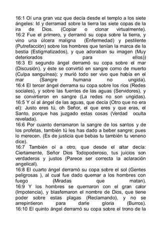 16:1 Oí una gran voz que decía desde el templo a los siete
ángeles: Id y derramad sobre la tierra las siete copas de la
ira    de    Dios.    (Copiar    o    clonar    virtualmente).
16:2 Fue el primero, y derramó su copa sobre la tierra, y
vino una úlcera maligna          (Enfermedad) y pestilente
(Putrefacción) sobre los hombres que tenían la marca de la
bestia (Estigmatizados), y que adoraban su imagen (Muy
deteriorados                    para                     ellos))
16:3 El segundo ángel derramó su copa sobre el mar
(Discusión), y éste se convirtió en sangre como de muerto
(Culpa sanguínea); y murió todo ser vivo que había en el
mar         (Sangre        humana          no          ungida).
16:4 El tercer ángel derrama su copa sobre los ríos (Redes
sociales), y sobre las fuentes de las aguas (Servidores), y
se convirtieron en sangre (La redes no son ungidas).
16:5 Y oí al ángel de las aguas, que decía (Otro que no era
el): Justo eres tú, oh Señor, el que eres y que eras, el
Santo, porque has juzgado estas cosas (Verdad oculta
revelada).
16:6 Por cuanto derramaron la sangre de los santos y de
los profetas, también tú les has dado a beber sangre; pues
lo merecen. (Es de justicia que bebas tu también tu veneno
dice).
16:7 También oí a otro, que desde el altar decía:
Ciertamente, Señor Dios Todopoderoso, tus juicios son
verdaderos y justos (Parece ser correcta la aclaración
angelical).
16:8 El cuarto ángel derramó su copa sobre el sol (Gentes
peligrosas ), al cual fue dado quemar a los hombres con
fuego             (Miradas             que             matan).
16:9 Y los hombres se quemaron con el gran calor
(Impotencia), y blasfemaron el nombre de Dios, que tiene
poder sobre estas plagas (Reclamando), y no se
arrepintieron      para       darle      gloria       (Burros).
16:10 El quinto ángel derramó su copa sobre el trono de la
 