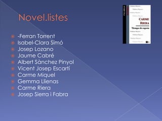 Novel.listes-Ferran TorrentIsabel-Clara SimóJosep LozanoJaume CabréAlbert Sànchez PinyolVicent Josep EscartíCarme MiquelGemma LlienasCarme RieraJosep Sierra i Fabra 