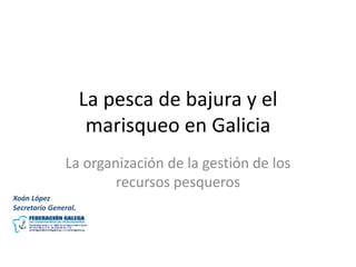 La pesca de bajura y el
marisqueo en Galicia
La organización de la gestión de los
recursos pesqueros
Xoán López
Secretario General.
 