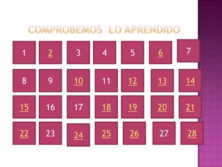 1    2    3    4    5    6    7


8    9    10   11   12   13   14


15   16   17   18   19   20   21


22   23   24   25   26   27   28
 