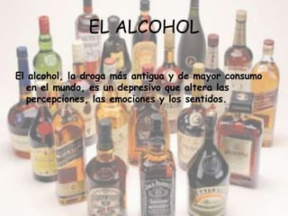 EL ALCOHOLEl alcohol, la droga más antigua y de mayor consumo en el mundo, es un depresivo que altera las percepciones, las emociones y los sentidos.