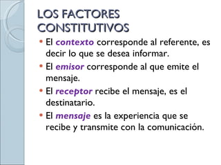 LOS FACTORES CONSTITUTIVOS El  contexto  corresponde al referente, es decir lo que se desea informar. El  emisor  corresponde al que emite el mensaje. El  receptor  recibe el mensaje, es el destinatario. El  mensaje  es la experiencia que se recibe y transmite con la comunicación. 