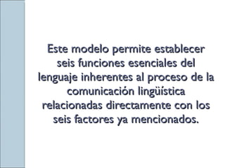 Este modelo permite establecer seis funciones esenciales del lenguaje inherentes al proceso de la comunicación lingüística relacionadas directamente con los seis factores ya mencionados. 