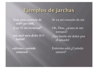 Vais meu corazón de       Se va mi corazón de mí.
   mib2 ya rabb,
si se (?) mi tornerad3    Oh, Dios, ¿acaso se me
                             tornará?
tan mal meu doler li-l-   ¡Tan fuerte mi dolor por
  habib4                     el amado!

enfermo...cuándo          Enfermo está.¿Cuándo
   sanarad.                 sanará?
 