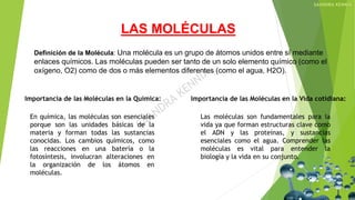 LAS MOLÉCULAS
Definición de la Molécula: Una molécula es un grupo de átomos unidos entre sí mediante
enlaces químicos. Las moléculas pueden ser tanto de un solo elemento químico (como el
oxígeno, O2) como de dos o más elementos diferentes (como el agua, H2O).
En química, las moléculas son esenciales
porque son las unidades básicas de la
materia y forman todas las sustancias
conocidas. Los cambios químicos, como
las reacciones en una batería o la
fotosíntesis, involucran alteraciones en
la organización de los átomos en
moléculas.
Las moléculas son fundamentales para la
vida ya que forman estructuras clave como
el ADN y las proteínas, y sustancias
esenciales como el agua. Comprender las
moléculas es vital para entender la
biología y la vida en su conjunto.
Importancia de las Moléculas en la Química: Importancia de las Moléculas en la Vida cotidiana:
 