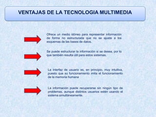VENTAJAS DE LA TECNOLOGIA MULTIMEDIA



         Ofrece un medio idóneo para representar información
         de forma no estructurada que no se ajuste a los
         esquemas de las bases de datos.


         Se puede estructurar la información si se desea, por lo
         que también resulta útil para estos sistemas.



         La interfaz de usuario es, en principio, muy intuitiva,
         puesto que su funcionamiento imita el funcionamiento
         de la memoria humana


         La información puede recuperarse sin ningún tipo de
         problemas, aunque distintos usuarios estén usando el
         sistema simultáneamente.
 