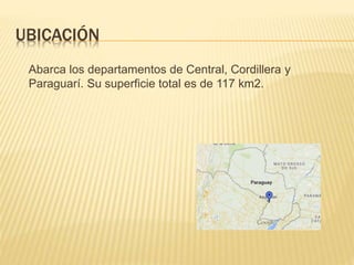 UBICACIÓN
Abarca los departamentos de Central, Cordillera y
Paraguarí. Su superficie total es de 117 km2.
 