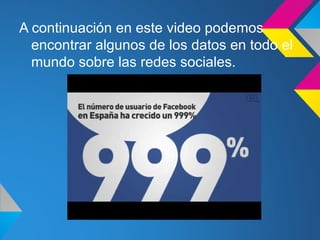 A continuación en este video podemos
  encontrar algunos de los datos en todo el
  mundo sobre las redes sociales.
 