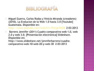    Miguel Guerra, Carlos Rodas y Vinicio Miranda (creadores)
    (2010). La Evolucion de la Web 1.0 hasta 3.0 [Youtube]
    Guatemala. Disponible en:
    http://www.youtube.com/watch?v=fhVjgt4MlDE 2-03-2013
    Barrero Jennifer (2011) Cuadro comparativo web 1.0, web
    2.0 y web 3.0. [Presentación electrónica] Slideshare.
    Disponible en:
    http://www.slideshare.net/jenniferbarrero/cuadro-
    comparativo-web-10-web-20-y-web-30 2-03-2013
 
