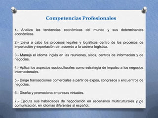 15
1.- Analiza las tendencias económicas del mundo y sus determinantes
económicas.
2.- Lleva a cabo los procesos legales y logísticos dentro de los procesos de
importación y exportación de acuerdo a la cadena logística.
3.- Maneja el idioma inglés en las reuniones, sitios, centros de información y de
negocios.
4.- Aplica los aspectos socioculturales como estrategia de impulso a los negocios
internacionales.
5.- Dirige transacciones comerciales a partir de expos, congresos y encuentros de
negocios.
6.- Diseña y promociona empresas virtuales.
7.- Ejecuta sus habilidades de negociación en escenarios multiculturales y de
comunicación, en idiomas diferentes al español.
 