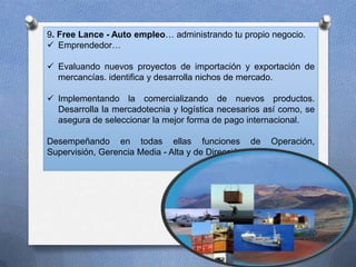 9. Free Lance - Auto empleo… administrando tu propio negocio.
 Emprendedor…
 Evaluando nuevos proyectos de importación y exportación de
mercancías. identifica y desarrolla nichos de mercado.
 Implementando la comercializando de nuevos productos.
Desarrolla la mercadotecnia y logística necesarios así como, se
asegura de seleccionar la mejor forma de pago internacional.
Desempeñando en todas ellas funciones de Operación,
Supervisión, Gerencia Media - Alta y de Dirección.
20
 