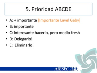 5. Prioridad ABCDE
• A: + importante [Importante Level Gaby]
• B: importante
• C: interesante hacerlo, pero medio fresh
• D: Delegarlo!
• E: Eliminarlo!
 