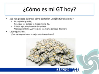 ¿Cómo es mi GT hoy?
• ¿Se han puesto a pensar cómo gastarían USD$86400 en un día?
– No se puede guardar,
– Tiene que ser gastado todo ese mismo día,
– Si dejas algo, simplemente desaparece
– Al día siguiente les vuelven a dar esa misma cantidad de dinero
• La pregunta es:
¿Qué harías para hacer el mejor uso de ese dinero?
 