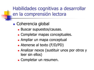Habilidades cognitivas a desarrollar
en la comprensión lectora
 Coherencia global
 Buscar supuestos/causas.
 Completar mapas conceptuales.
 Ampliar un mapa conceptual
 Atenerse al texto (F/D/PD)
 Analizar nexos (sustituir unos por otros y
leer sin ellos)
 Completar un resumen.
 