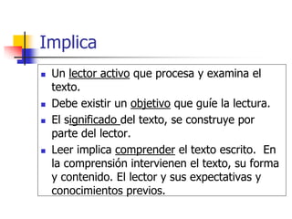 Implica
 Un lector activo que procesa y examina el
texto.
 Debe existir un objetivo que guíe la lectura.
 El significado del texto, se construye por
parte del lector.
 Leer implica comprender el texto escrito. En
la comprensión intervienen el texto, su forma
y contenido. El lector y sus expectativas y
conocimientos previos.
 