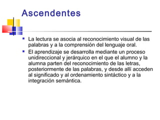 Ascendentes

   La lectura se asocia al reconocimiento visual de las
    palabras y a la comprensión del lenguaje oral.
   El aprendizaje se desarrolla mediante un proceso
    unidireccional y jerárquico en el que el alumno y la
    alumna parten del reconocimiento de las letras,
    posteriormente de las palabras, y desde allí acceden
    al significado y al ordenamiento sintáctico y a la
    integración semántica.
 