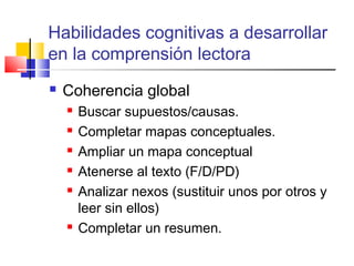 Habilidades cognitivas a desarrollar
en la comprensión lectora
   Coherencia global
       Buscar supuestos/causas.
       Completar mapas conceptuales.
       Ampliar un mapa conceptual
       Atenerse al texto (F/D/PD)
       Analizar nexos (sustituir unos por otros y
        leer sin ellos)
       Completar un resumen.
 