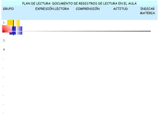 PLAN DE LECTURA: DOCUMENTO DE REGISTROS DE LECTURA EN EL AULA
GRUPO:         EXPRESIÓN LECTORA     COMPRENSIÓN         ACTITUD         INDICAR
                                                                         MATERIA


1.

2.

3.

4.

.

.

.

.

.

.

.
 