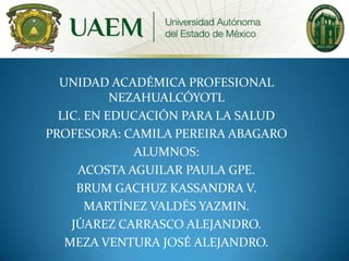 UNIDAD ACADÉMICA PROFESIONAL
NEZAHUALCÓYOTL
LIC. EN EDUCACIÓN PARA LA SALUD
PROFESORA: CAMILA PEREIRA ABAGARO
ALUMNOS:
ACOSTA AGUILAR PAULA GPE.
BRUM GACHUZ KASSANDRA V.
MARTÍNEZ VALDÉS YAZMIN.
JÚAREZ CARRASCO ALEJANDRO.
MEZA VENTURA JOSÉ ALEJANDRO.

 