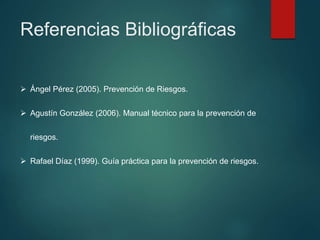 Referencias Bibliográficas
 Ángel Pérez (2005). Prevención de Riesgos.
 Agustín González (2006). Manual técnico para la prevención de
riesgos.
 Rafael Díaz (1999). Guía práctica para la prevención de riesgos.
 