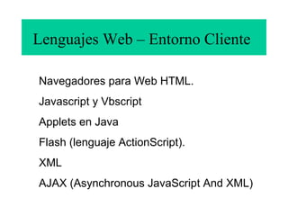 Lenguajes Web – Entorno Cliente
Navegadores para Web HTML.
Javascript y Vbscript
Applets en Java
Flash (lenguaje ActionScript).
XML
AJAX (Asynchronous JavaScript And XML)
 