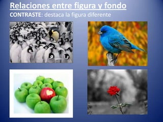 Relaciones entre figura y fondo
CONTRASTE: destaca la figura diferente
 