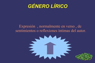 GÉNERO LÍRICO Expresión  , normalmente en verso , de sentimientos o reflexiones íntimas del autor.  