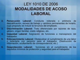 LEY 1010 DE 2006MODALIDADES DE ACOSO LABORALMaltrato Laboral:Acto de Violencia contra la integridad física o moral, la libertad física o sexual y los bienes del empleado o trabajador.