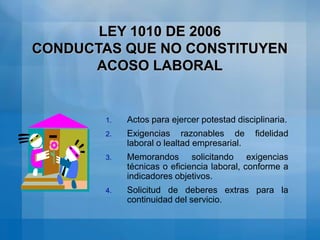 LEY 1010 DE 2006CONDUCTAS QUE CONSTITUYEN ACOSO LABORALAgresión física.Expresiones hostilesInjustificadas amenazas de despidoDescalificación humillante en presencia de compañeros de trabajoBurlas sobre la apariencia física y la forma de vestir.Alusión pública a hechos íntimos