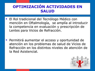 OPTIMIZACIÓN ACTIVIDADES EN SALUD El Rol tradicional del Tecnólogo Médico con mención en Oftalmología,  se amplía al introducir la competencia en evaluación y prescripción de Lentes para Vicios de Refracción. Permitirá aumentar el acceso y oportunidad de atención en los problemas de salud de Vicios de Refracción en los distintos niveles de atención de la Red Asistencial. 