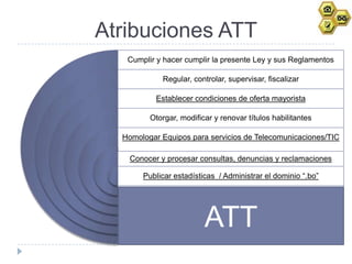 Atribuciones ATT
   Cumplir y hacer cumplir la presente Ley y sus Reglamentos

            Regular, controlar, supervisar, fiscalizar

           Establecer condiciones de oferta mayorista

         Otorgar, modificar y renovar títulos habilitantes

  Homologar Equipos para servicios de Telecomunicaciones/TIC

    Conocer y procesar consultas, denuncias y reclamaciones

       Publicar estadísticas / Administrar el dominio “.bo”




                         ATT
 