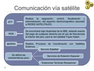 Comunicación vía satélite
                 Realiza la asignación, control, fiscalización y
ATT              administración, del espectro electromagnético asociado
                 a REDES SATELITALES.

                 Se encontrará bajo titularidad de la ABE, estando exenta
ROE              del pago de cualquier derecho por el uso de frecuencias
                 al interior del país, para la red satelital Túpac Katari.


MOPSV            Realiza Procesos de Coordinación          con   Satélites
                 Externos
                             Servicio Satelital

   Se define las                     Servicios de Estación Espacial
características para:

                                Estaciones Terrenas Receptoras
 