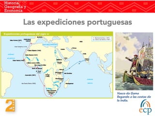 Las expediciones portuguesas
Vasco da Gama
llegando a las costas de
la India.
 