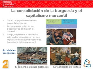 La consolidación de la burguesía y el
capitalismo mercantil
•  Cobró protagonismo un nuevo
grupo: la burguesía.
•  Los burgueses vivían en las
ciudades y se dedicaban al
comercio. 
•  Luego, empezaron a desarrollar
actividades bancarias con las que
implantaron un sistema económico
llamado capitalismo mercantil.
	
  
Actividades
económicas
	
  
La fabricación de textiles
El comercio a largas distancias
 