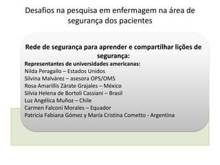 Rede de segurança para aprender e compartilhar lições de
segurança:
Representantes de universidades americanas:
Nilda Peragallo – Estados Unidos
Silvina Malvárez – asesora OPS/OMS
Rosa Amarillis Zárate Grajales – México
Silvia Helena de Bortoli Cassiani – Brasil
Luz Angélica Muñoz – Chile
Carmen Falconí Morales – Equador
Patricia Fabiana Gómez y María Cristina Cometto - Argentina
Desafios na pesquisa em enfermagem na área de
segurança dos pacientes
 