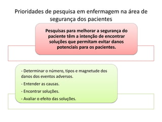 Prioridades de pesquisa em enfermagem na área de
segurança dos pacientes
Pesquisas para melhorar a segurança do
paciente têm a intenção de encontrar
soluções que permitam evitar danos
potenciais para os pacientes.
- Determinar o número, tipos e magnetude dos
danos dos eventos adversos.
- Entender as causas.
- Encontrar soluções.
- Avaliar o efeito das soluções.
 
