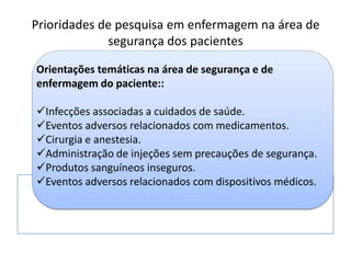Prioridades de pesquisa em enfermagem na área de
segurança dos pacientes
Orientações temáticas na área de segurança e de
enfermagem do paciente::
Infecções associadas a cuidados de saúde.
Eventos adversos relacionados com medicamentos.
Cirurgia e anestesia.
Administração de injeções sem precauções de segurança.
Produtos sanguíneos inseguros.
Eventos adversos relacionados com dispositivos médicos.
 